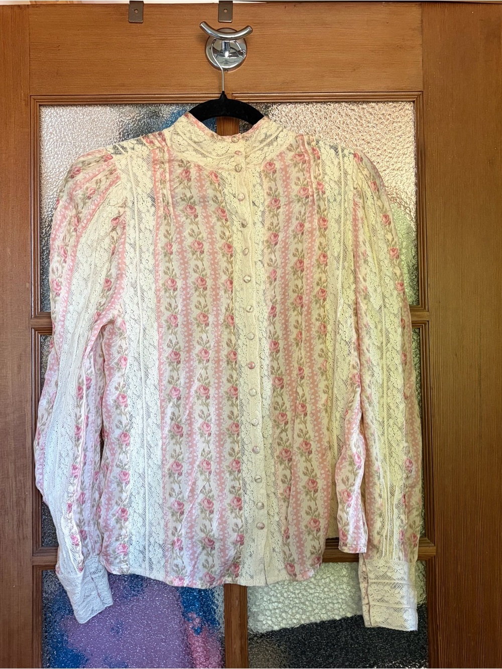 LoveShackFancy Cream and Pink Floral Lace-Trim Button Front Blouse